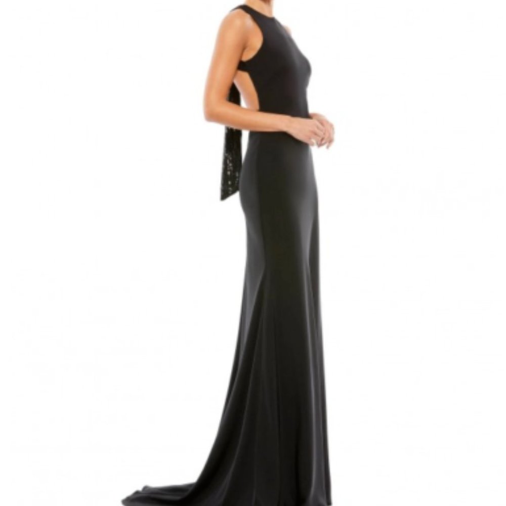 MAC DUGGAL 26262I EXPOSED BACK SEQUIN BOW BLACK GOWN sz 2